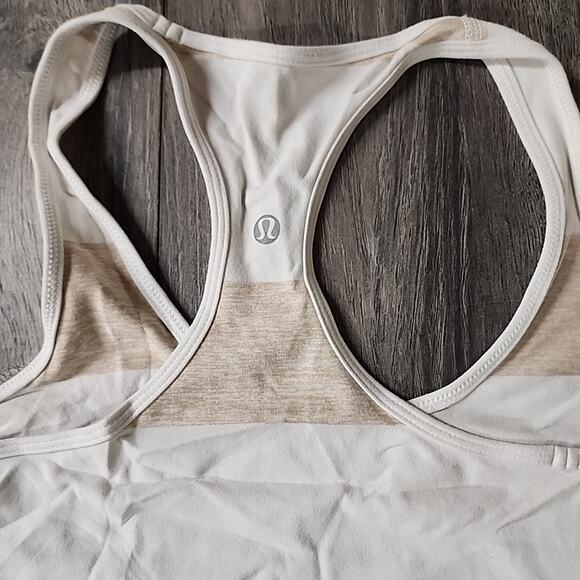 Lululemon Cool Racerback Heathered Cashew Tan White Stroll Stripe Tank Size 4 - Picture 2 of 3